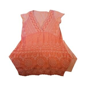 Love and Liberty Coral Peach Embroidered Lace Tunic Top Small Boho Floral V-Neck